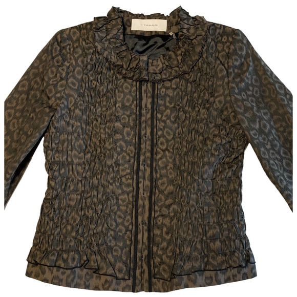Tahari Leopard Ruffle Ruched Jacket Y2K Stretch Brown Black Hook Eye Close Sz 4 - Picture 4 of 9